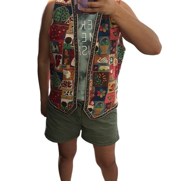 Vintage Paula Elise open front vest 90s patchwork farm novelty print size S/M - Picture 6 of 7